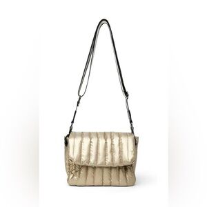 Think Royln Bar Bag Pearl Gold with Striped Crossbody Strap Quilted Puffer Purse